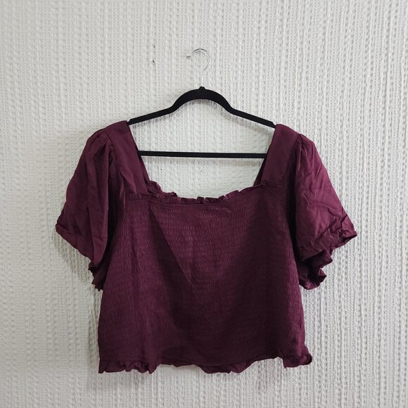 Torrid Stretch Challis Smocked Puff Sleeve Crop Top Burgundy Plus Size 5X NEW - Picture 3 of 13